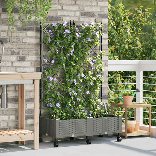 vidaXL Garden Planter with Trellis&Wheels 2 pcs Light Grey PP