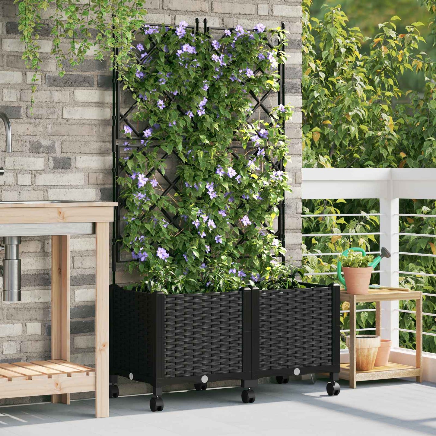vidaXL Garden Planter with Trellis&Wheels 2 pcs Black 80 x 40 x 149 cm