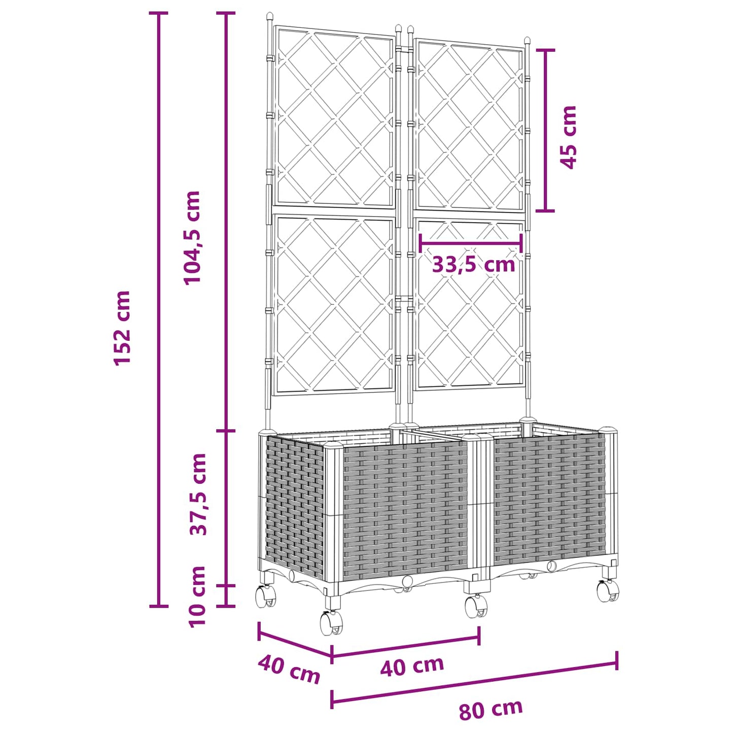 vidaXL Garden Planter with Trellis&Wheels 2 pcs Black 80 x 40 x 149 cm