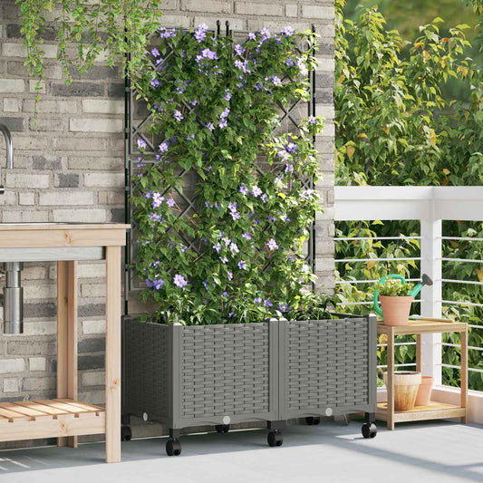 vidaXL Garden Planter with Trellis&Wheels 2 pcs Light Grey PP