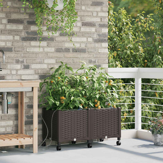 vidaXL Garden Planter with Irrigation&Wheels 2 pcs Brown PP