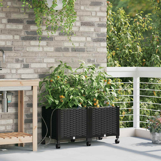 vidaXL Garden Planter with Irrigation&Wheels 2 pcs Black PP