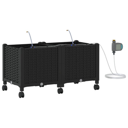 vidaXL Garden Planter with Irrigation&Wheels 2 pcs Black PP