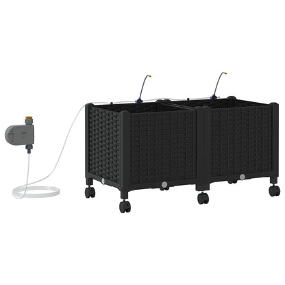 vidaXL Garden Planter with Irrigation&Wheels 2 pcs Black PP