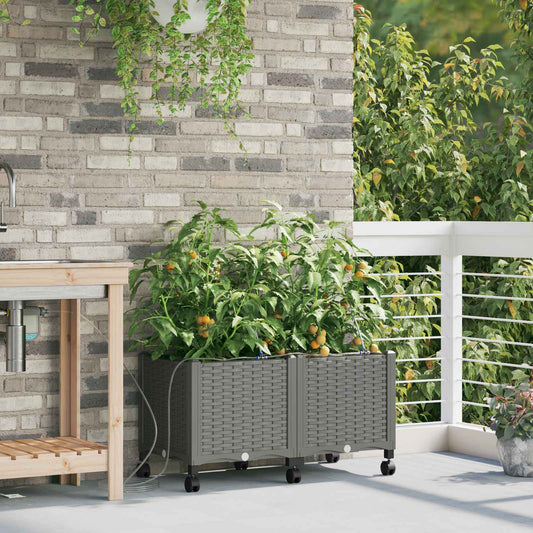 vidaXL Garden Planter with Irrigation&Wheels 2 pcs Light Grey PP