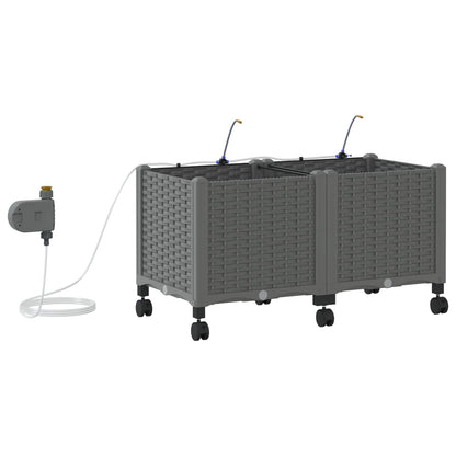 vidaXL Garden Planter with Irrigation&Wheels 2 pcs Light Grey PP