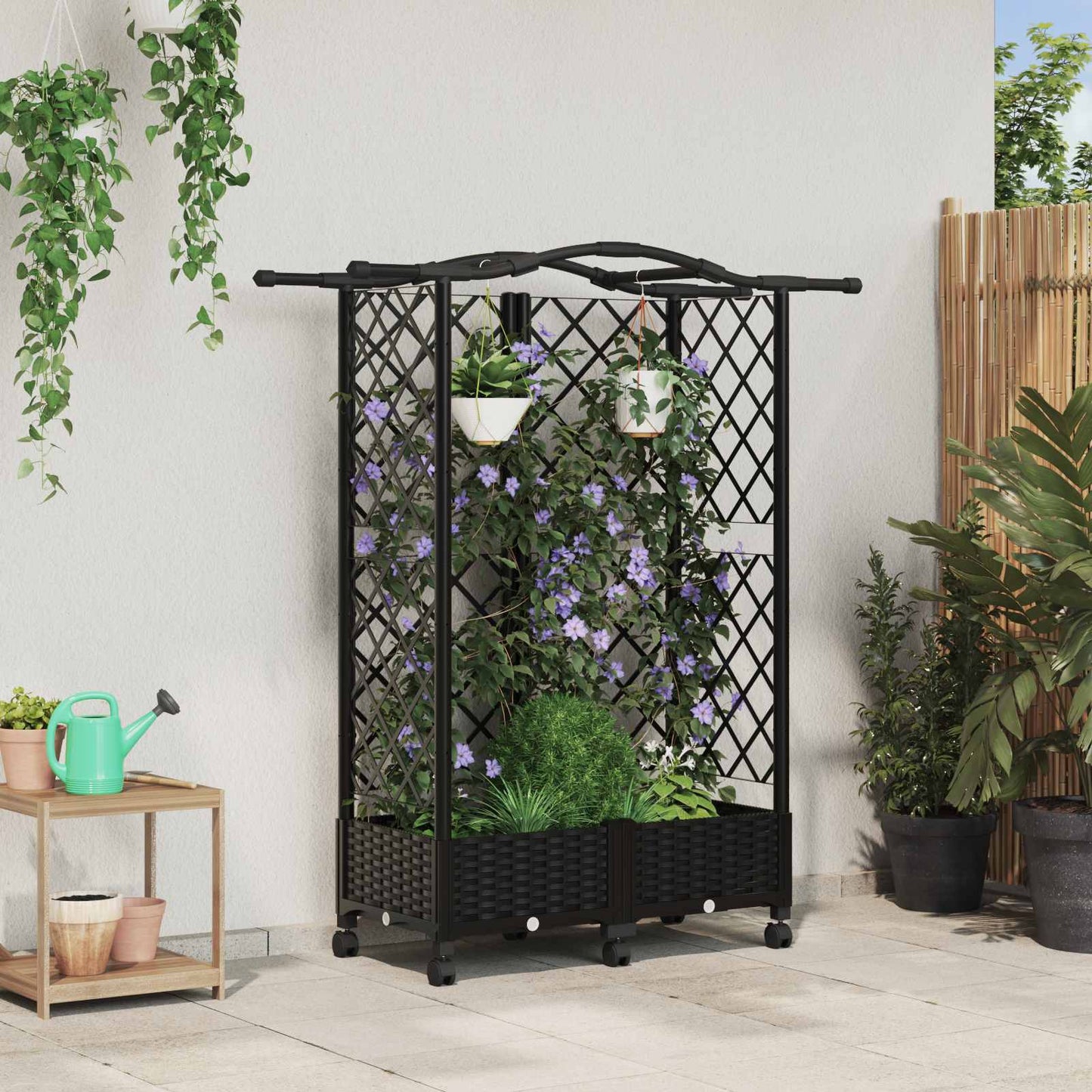 vidaXL Raised Bed with Trellis and Roof Black 124 x 40 x 129 cm PP