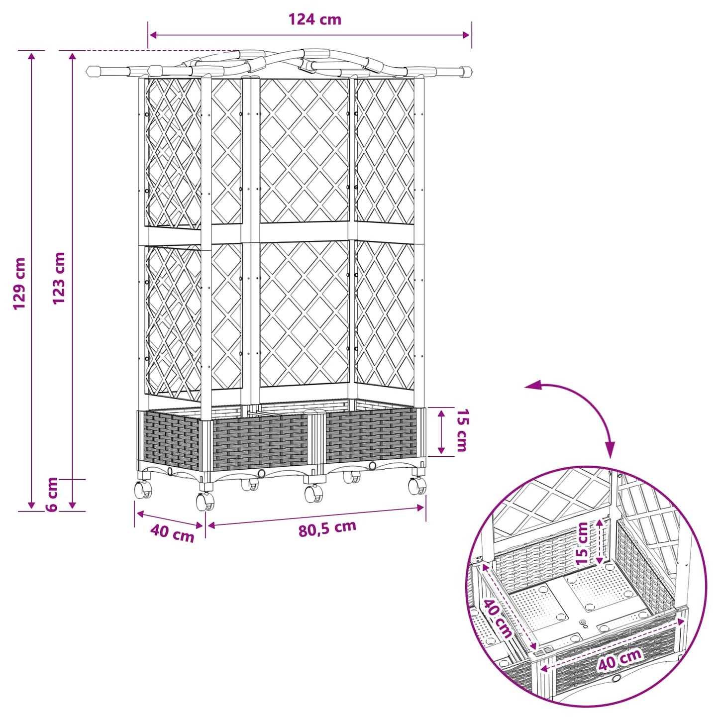 vidaXL Raised Bed with Trellis and Roof Black 124 x 40 x 129 cm PP