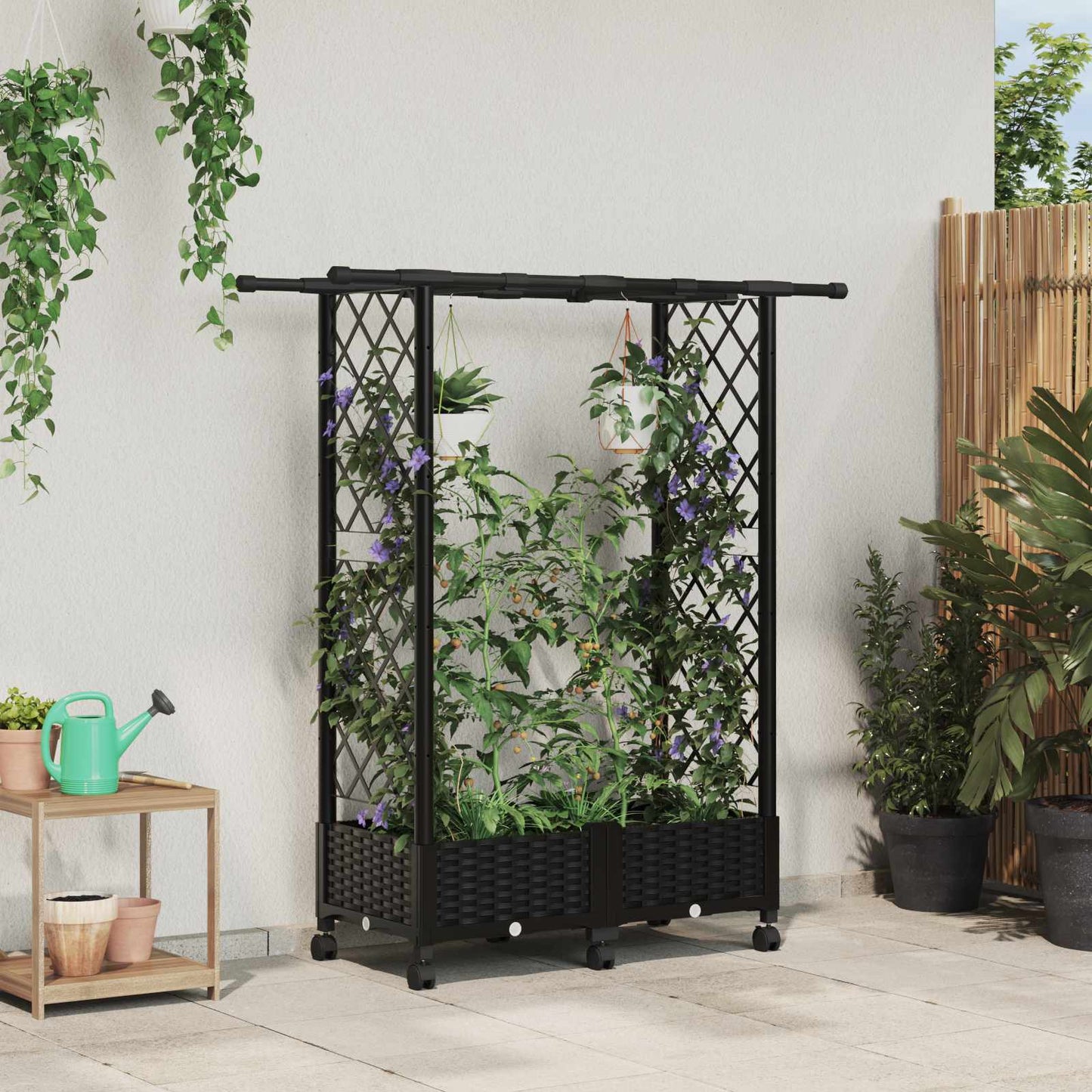 vidaXL Raised Bed with Trellis and Roof Black 122.5 x 40 x 127 cm PP