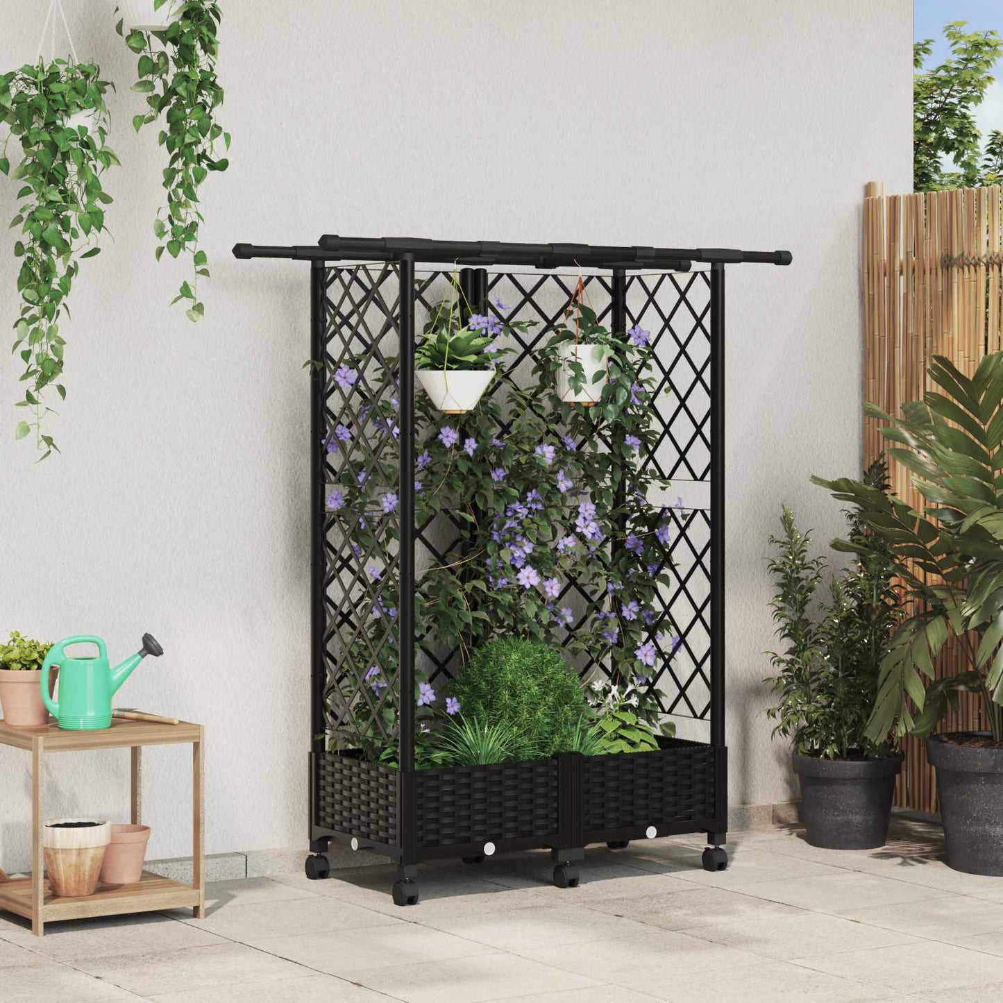 vidaXL Raised Bed with Trellis and Roof Black 124 x 40 x 127 cm PP