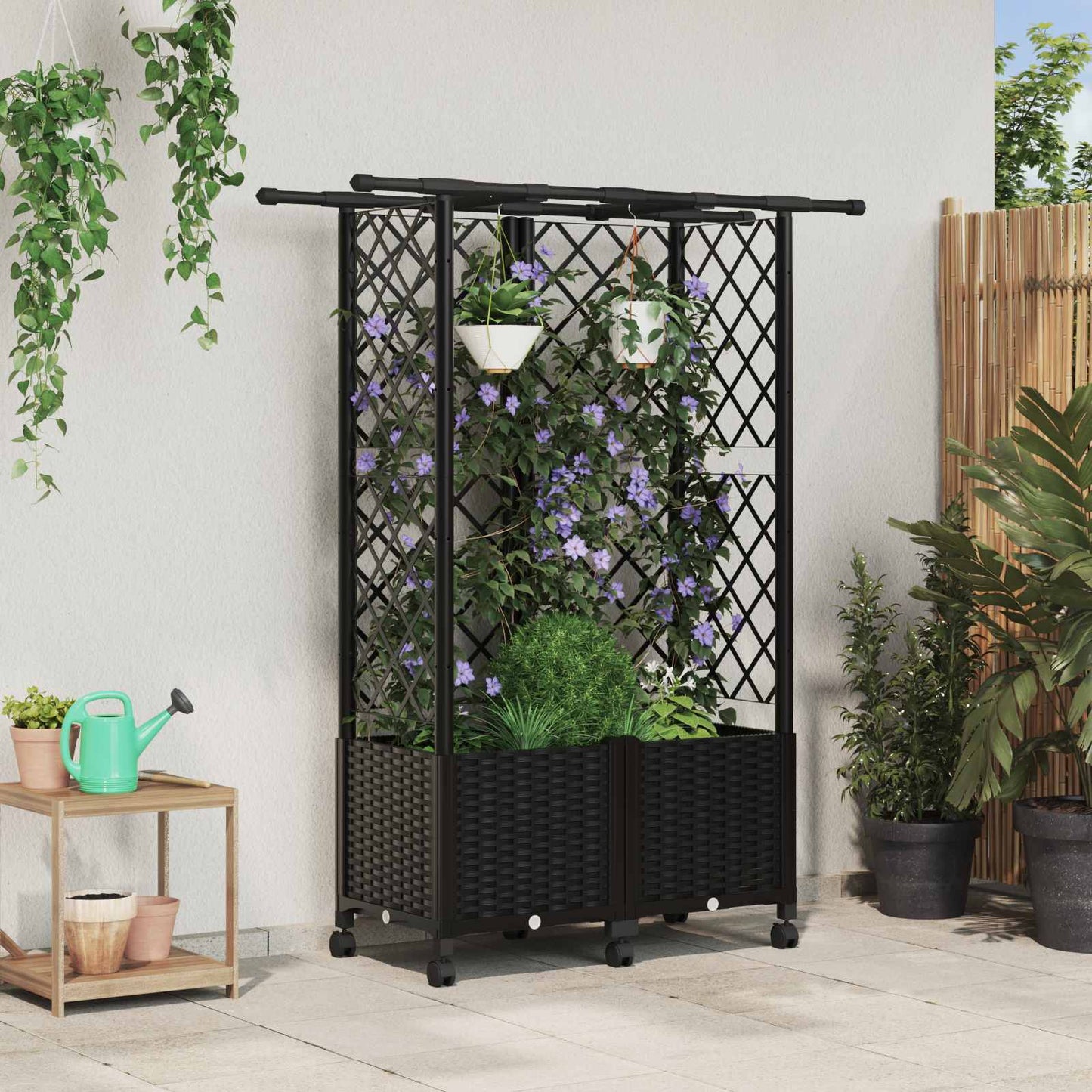 vidaXL Raised Bed with Trellis and Roof Black 124 x 40 x 142 cm PP
