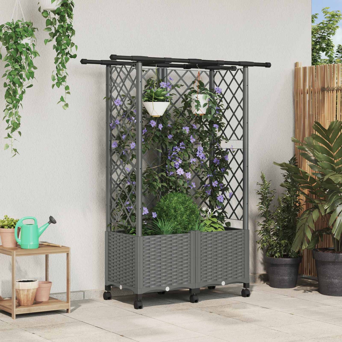 vidaXL Raised Bed with Trellis and Roof Light Grey 124 x 40 x 142 cm