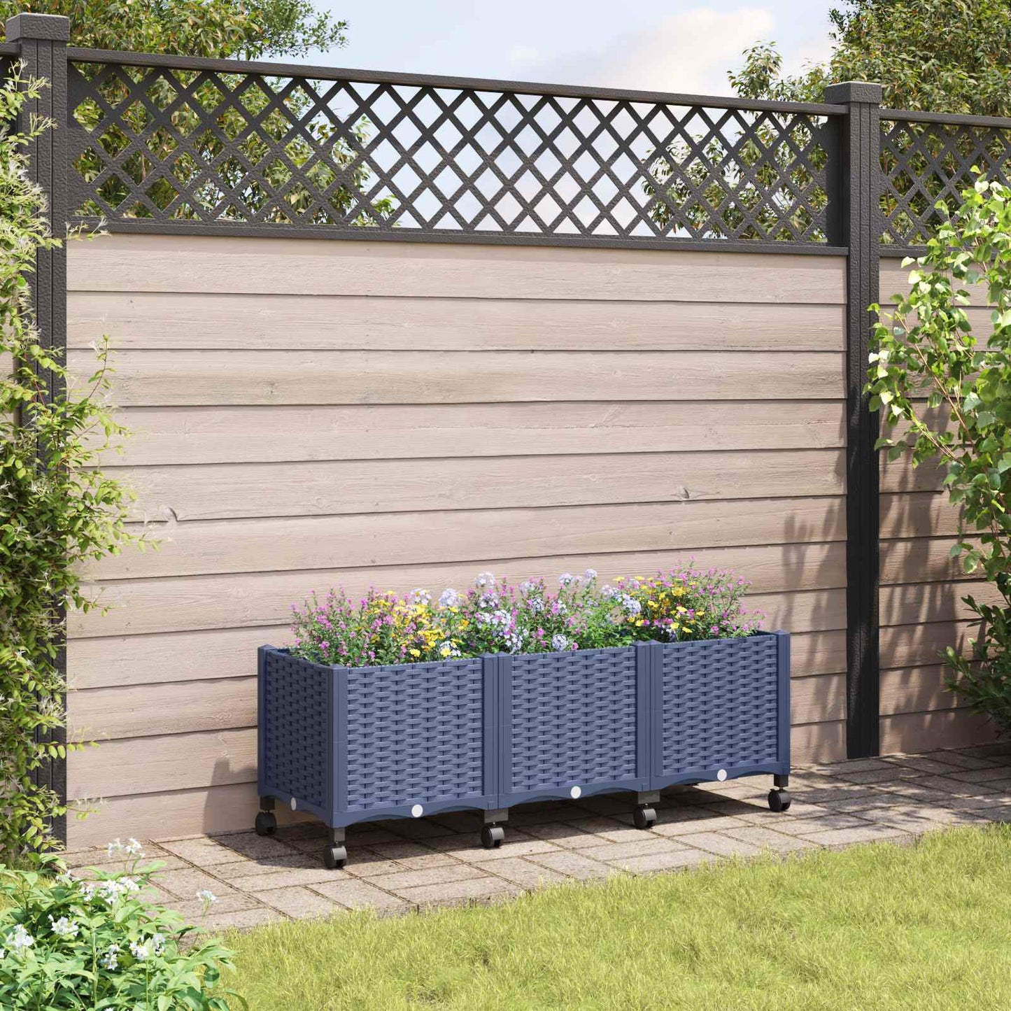 vidaXL Garden Planter with Wheels Blue Grey 120 x 40 x 48 cm PP