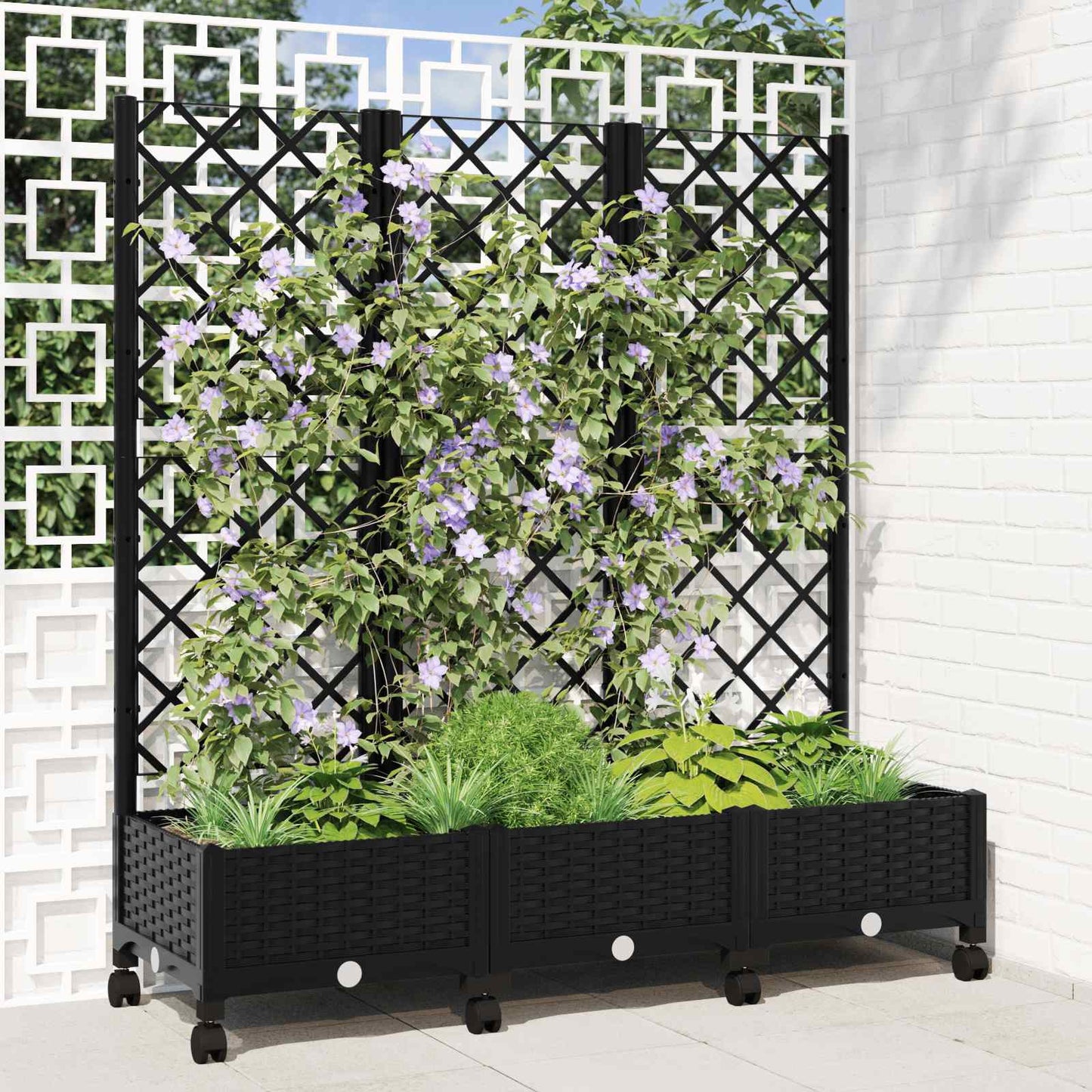vidaXL Garden Planter with Trellis&Wheels Black 120 x 40 x 131.5 cm PP