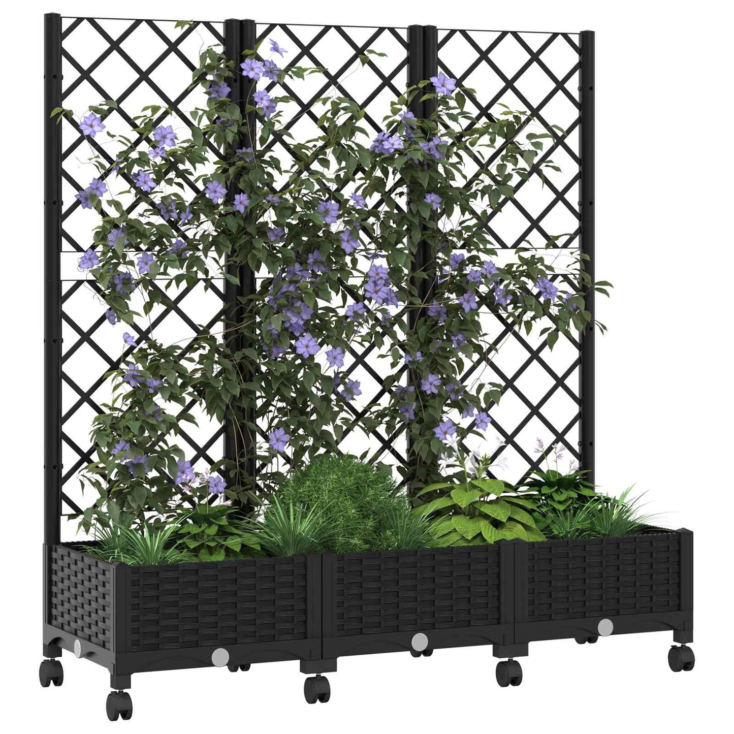 vidaXL Garden Planter with Trellis&Wheels Black 120 x 40 x 131.5 cm PP