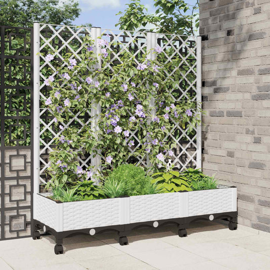 vidaXL Garden Planter with Trellis&Wheels White 120 x 40 x 131.5 cm PP