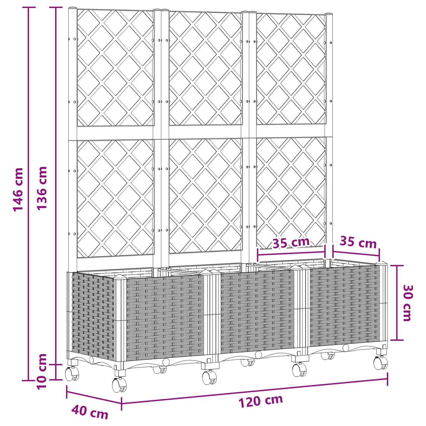 vidaXL Garden Planter with Trellis&Wheels Black 120 x 40 x 146 cm PP