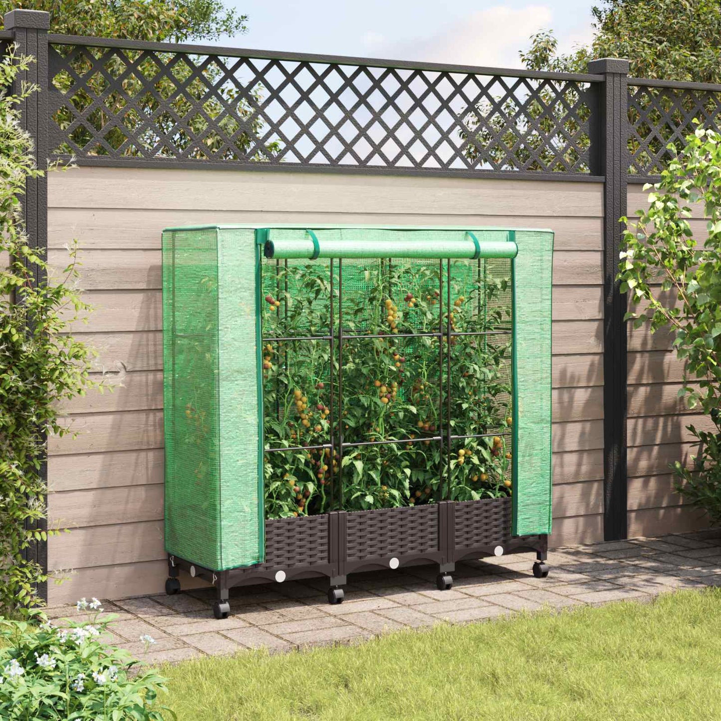 vidaXL Garden Planter with Greenhouse Cover&Wheels 3 pcs Brown PP