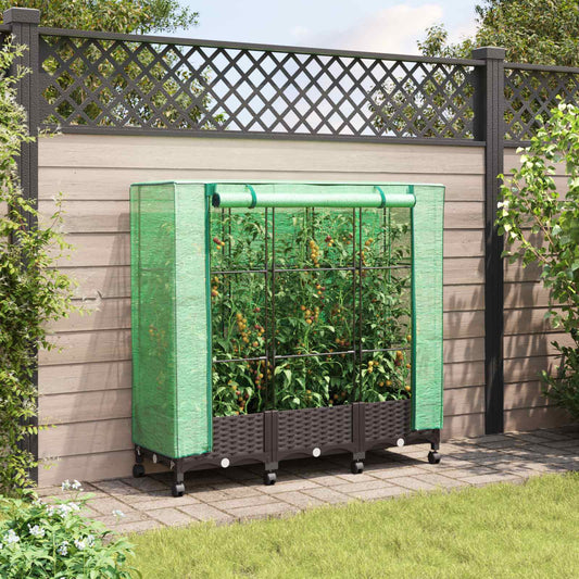 vidaXL Garden Planter with Greenhouse Cover&Wheels 3 pcs Brown PP
