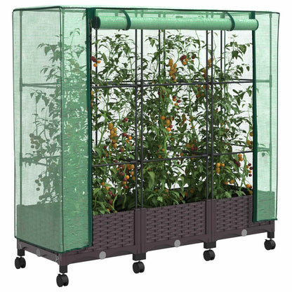 vidaXL Garden Planter with Greenhouse Cover&Wheels 3 pcs Brown PP