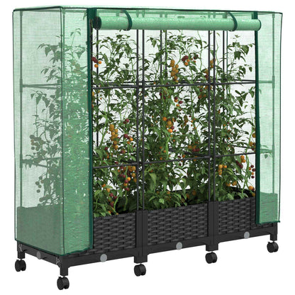 vidaXL Garden Planter with Greenhouse Cover&Wheels 3 pcs Black PP
