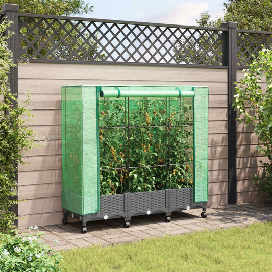 vidaXL Garden Planter with Greenhouse Cover&Wheels 3 pcs Light Grey PP