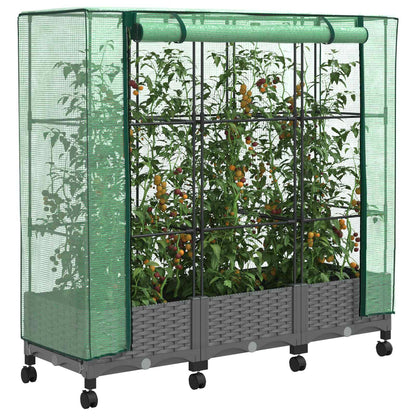 vidaXL Garden Planter with Greenhouse Cover&Wheels 3 pcs Light Grey PP