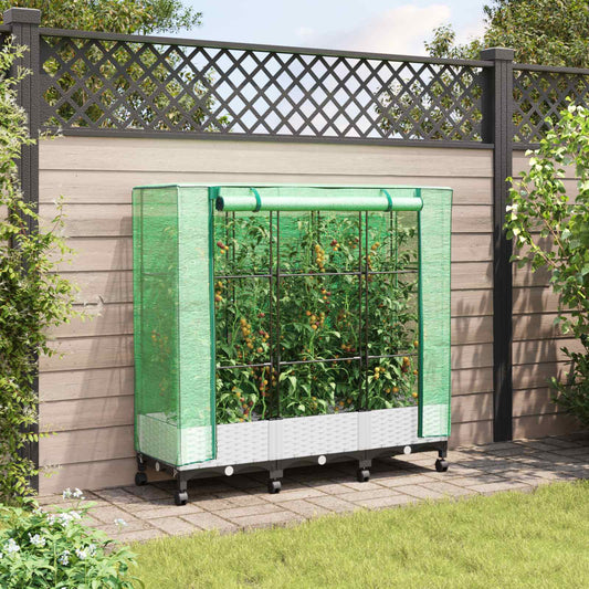vidaXL Garden Planter with Greenhouse Cover&Wheels 3 pcs White PP