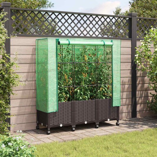 vidaXL Garden Planter with Greenhouse Cover&Wheels 3 pcs Brown PP