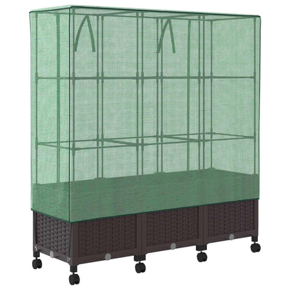 vidaXL Garden Planter with Greenhouse Cover&Wheels 3 pcs Brown PP