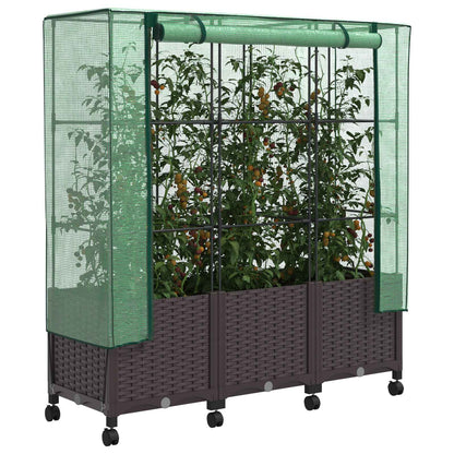 vidaXL Garden Planter with Greenhouse Cover&Wheels 3 pcs Brown PP