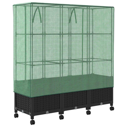 vidaXL Garden Planter with Greenhouse Cover&Wheels 3 pcs Black PP