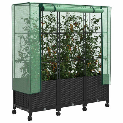 vidaXL Garden Planter with Greenhouse Cover&Wheels 3 pcs Black PP