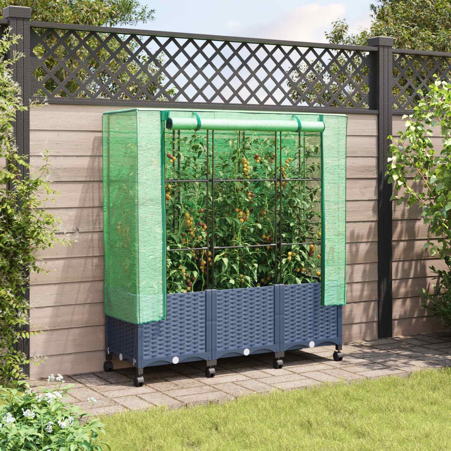 vidaXL Garden Planter with Greenhouse Cover&Wheels 3 pcs Blue Grey PP