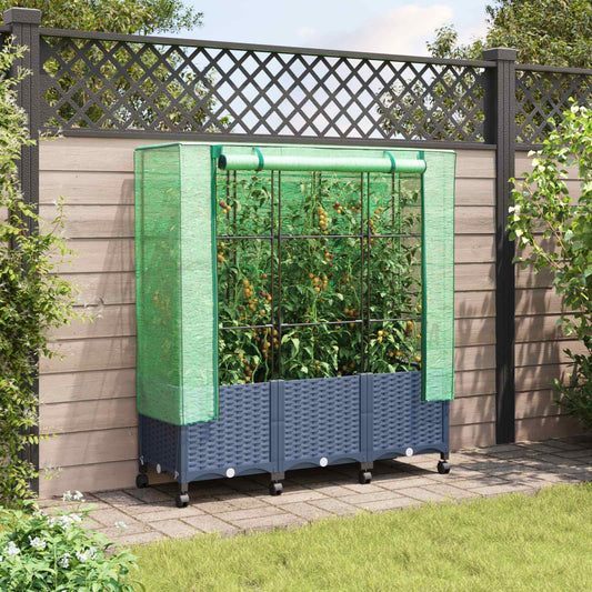 vidaXL Garden Planter with Greenhouse Cover&Wheels 3 pcs Blue Grey PP