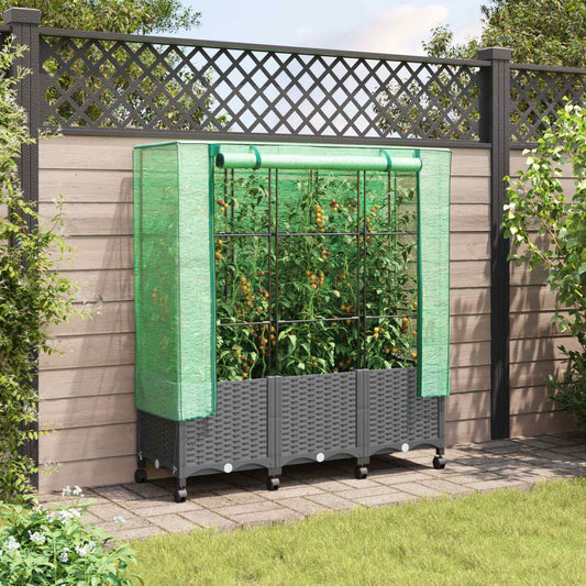 vidaXL Garden Planter with Greenhouse Cover&Wheels 3 pcs Light Grey PP