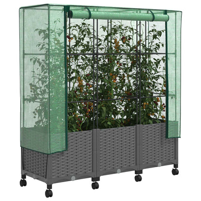 vidaXL Garden Planter with Greenhouse Cover&Wheels 3 pcs Light Grey PP