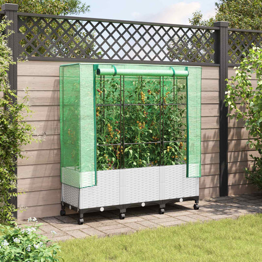 vidaXL Garden Planter with Greenhouse Cover&Wheels 3 pcs White PP