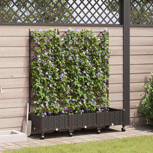 vidaXL Garden Planter with Trellis&Wheels 3 pcs Brown PP