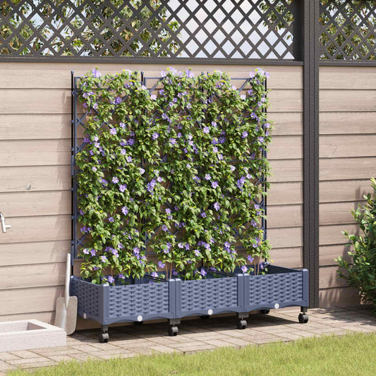 vidaXL Garden Planter with Trellis&Wheels 3 pcs Grey PP
