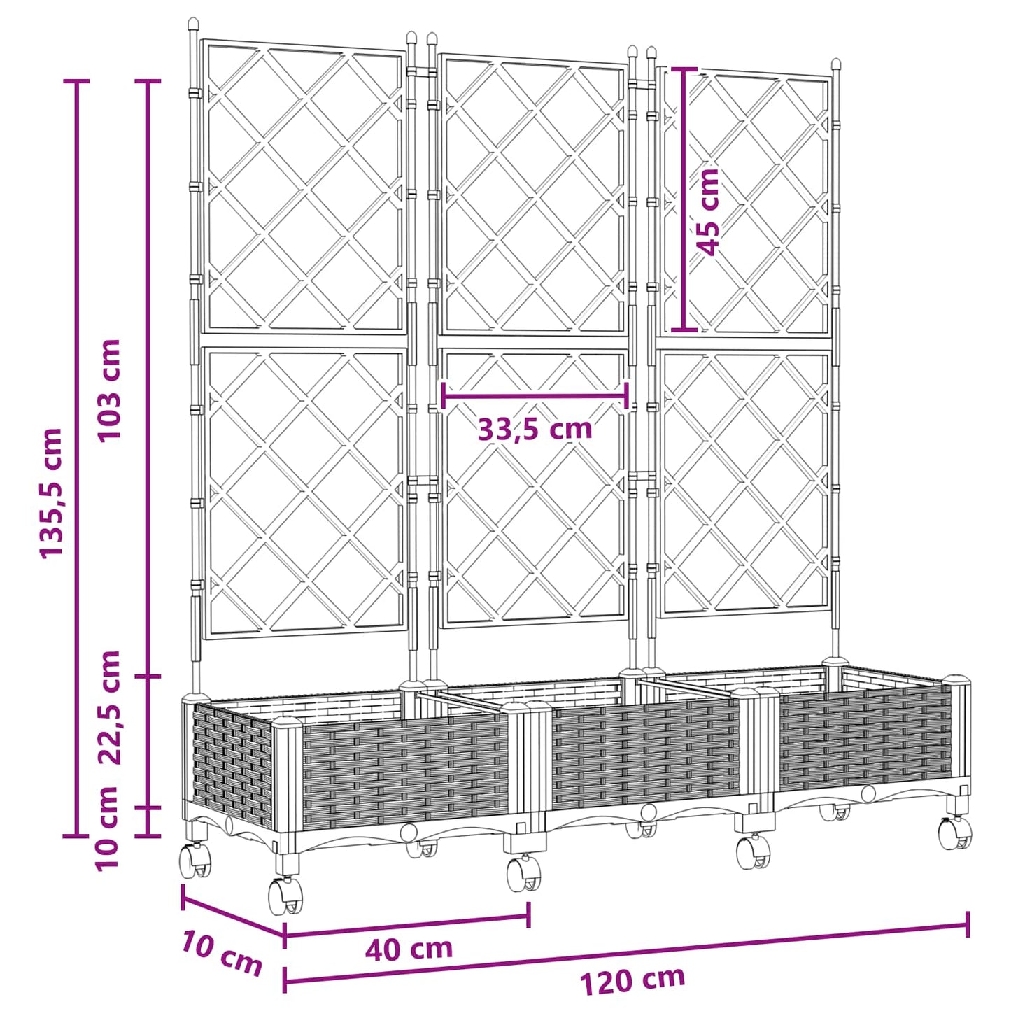 vidaXL Garden Planter with Trellis&Wheels 3 pcs Grey PP