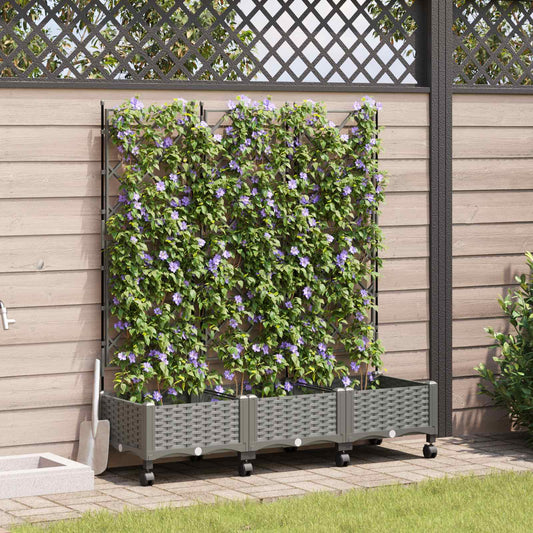 vidaXL Garden Planter with Trellis&Wheels 3 pcs Light Grey PP