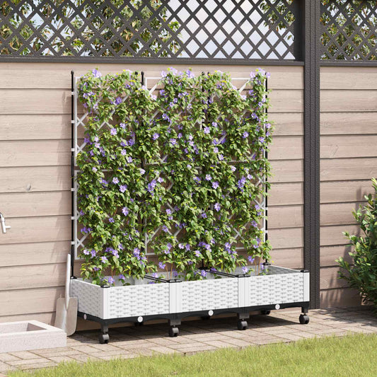 vidaXL Garden Planter with Trellis&Wheels 3 pcs White PP