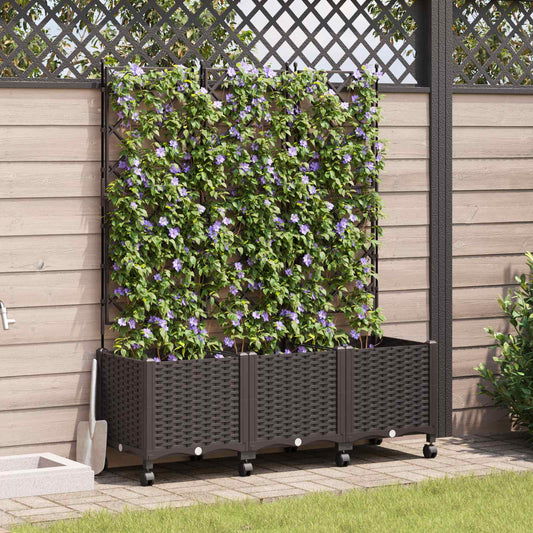 vidaXL Garden Planter with Trellis&Wheels 3 pcs Brown PP