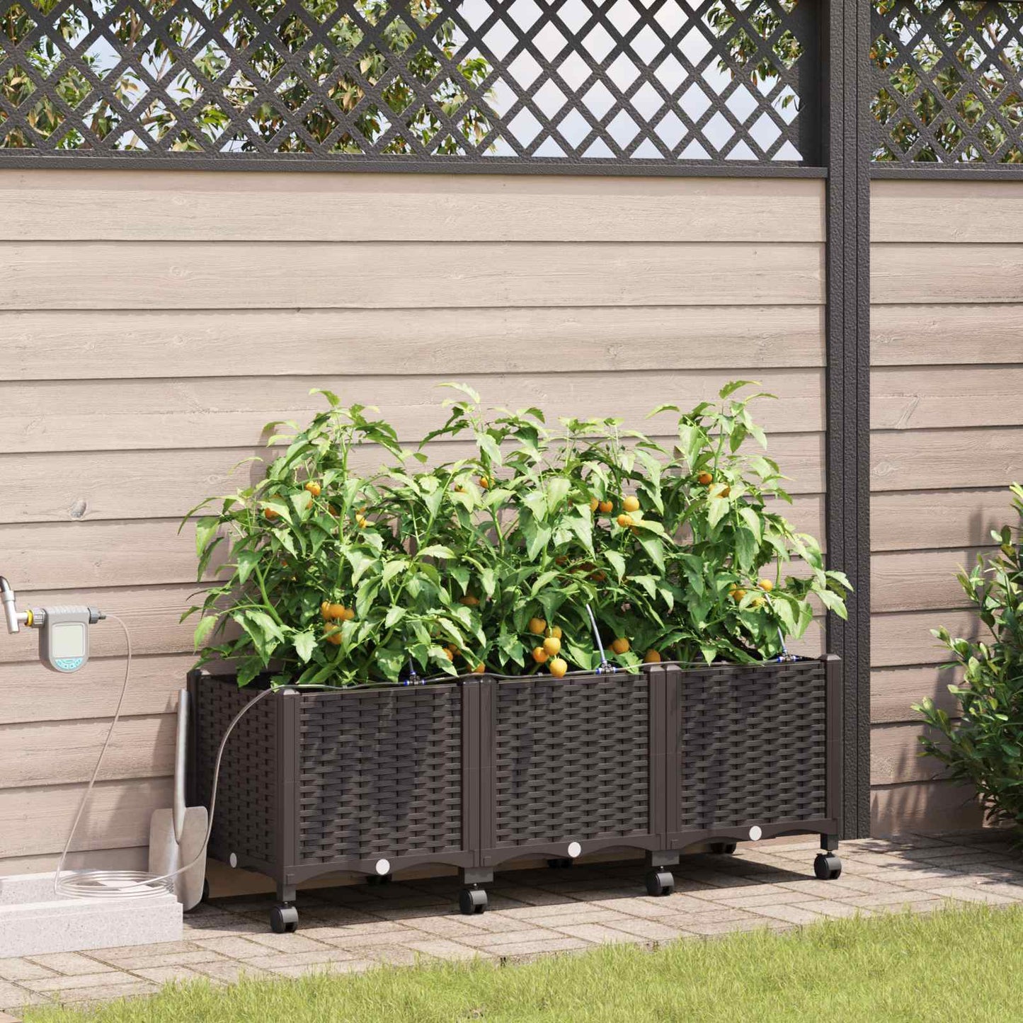 vidaXL Garden Planter with Irrigation&Wheels 3 pcs Brown PP