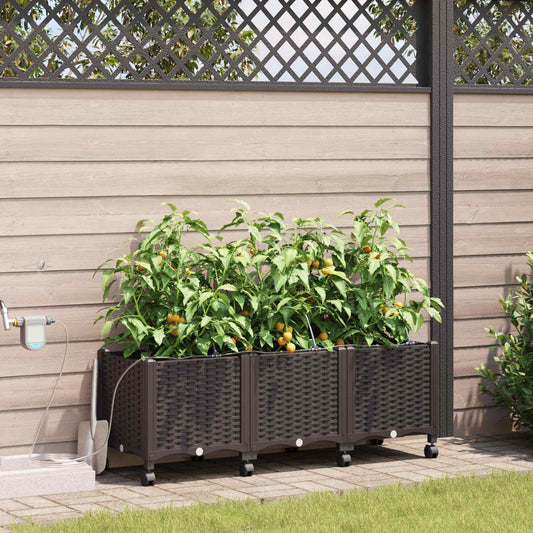 vidaXL Garden Planter with Irrigation&Wheels 3 pcs Brown PP