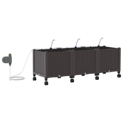 vidaXL Garden Planter with Irrigation&Wheels 3 pcs Brown PP