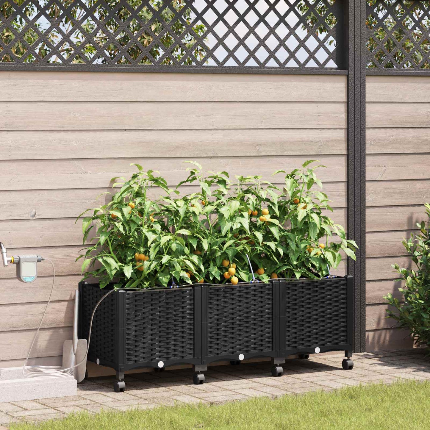 vidaXL Garden Planter with Irrigation&Wheels 3 pcs Black PP