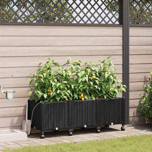 vidaXL Garden Planter with Irrigation&Wheels 3 pcs Black PP