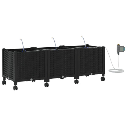 vidaXL Garden Planter with Irrigation&Wheels 3 pcs Black PP